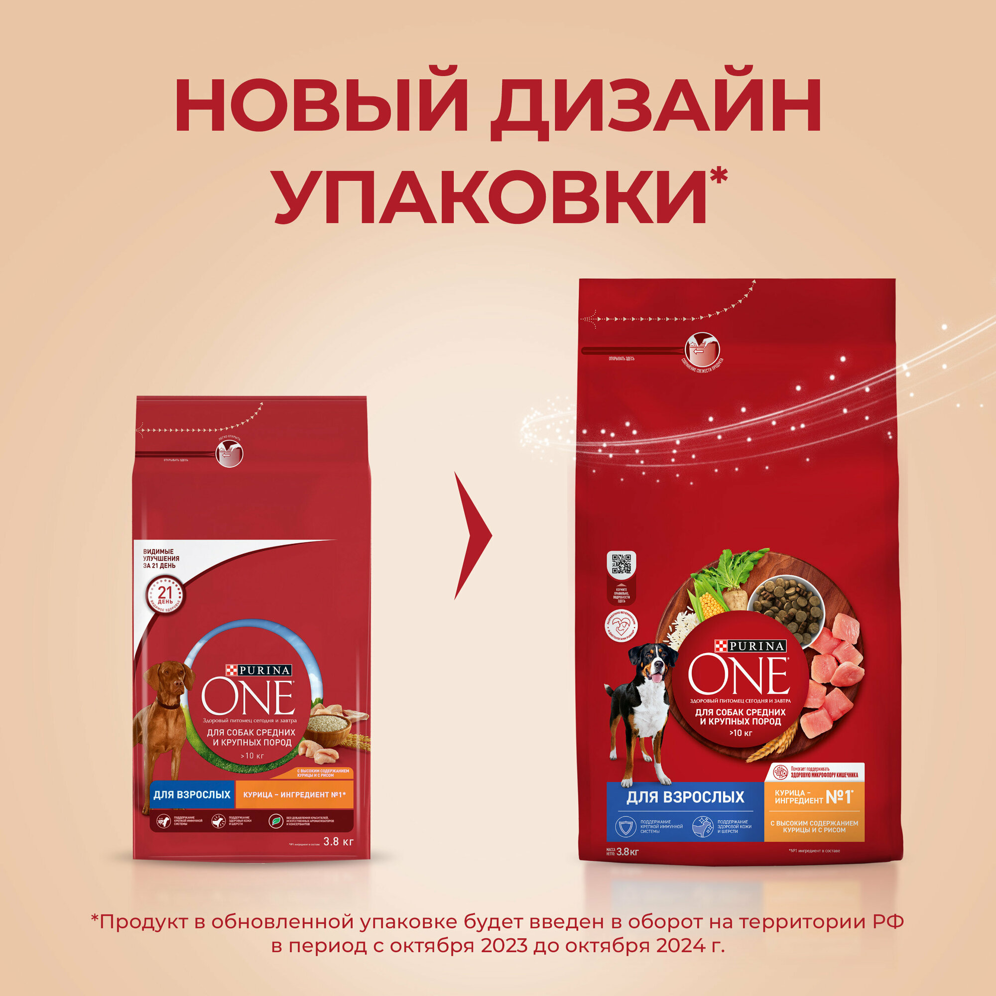 Сухой корм PURINA ONE® для взрослых собак средних и крупных пород с курицей и рисом, 3,8 кг — фото 1