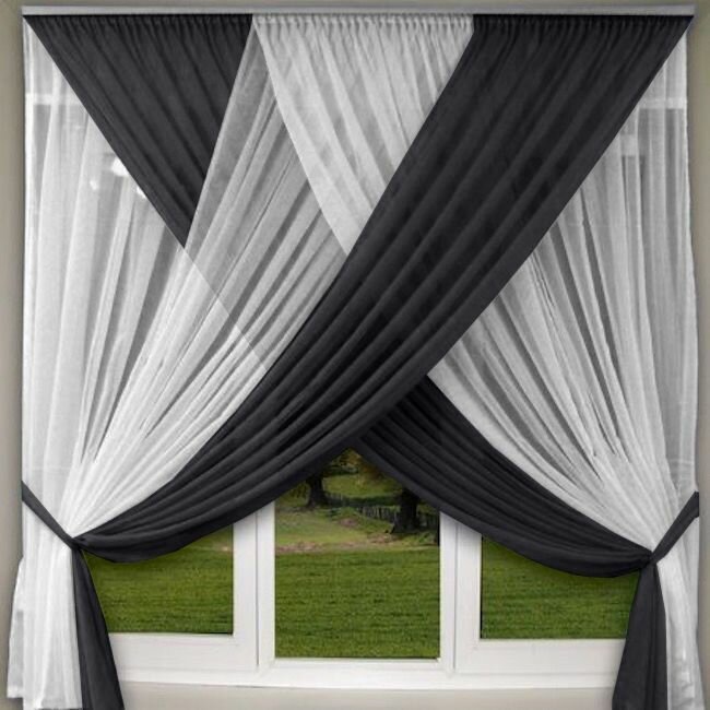 Шторы для кухни с подхватами из тюля вуаль на ленте под крючки арт. МОН-457 цвет черный