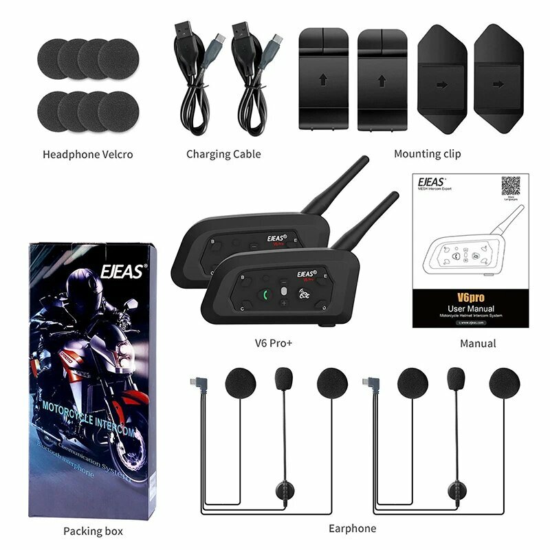 EJEAS V6 Pro + Moto Intercom Bluetooth-гарнитура для шлема типа C IP67 Водонепроницаемый мотоциклетный переговорный телефон 800 м Коммуникатор для 6 гонщиков, Черный