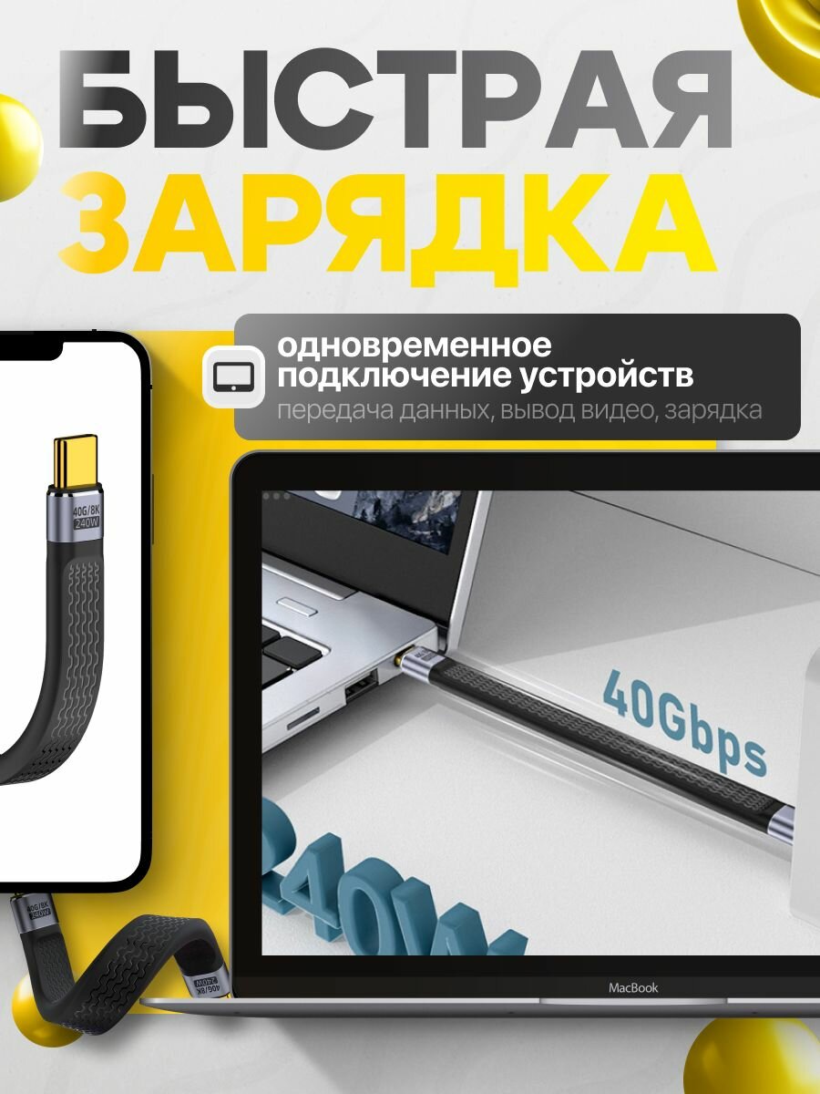 Короткий кабель Type C - Type C, Быстрая зарядка, 5A 240W USB 4.0 провод тайп си 13 см, 8K 60Hz — фото 1
