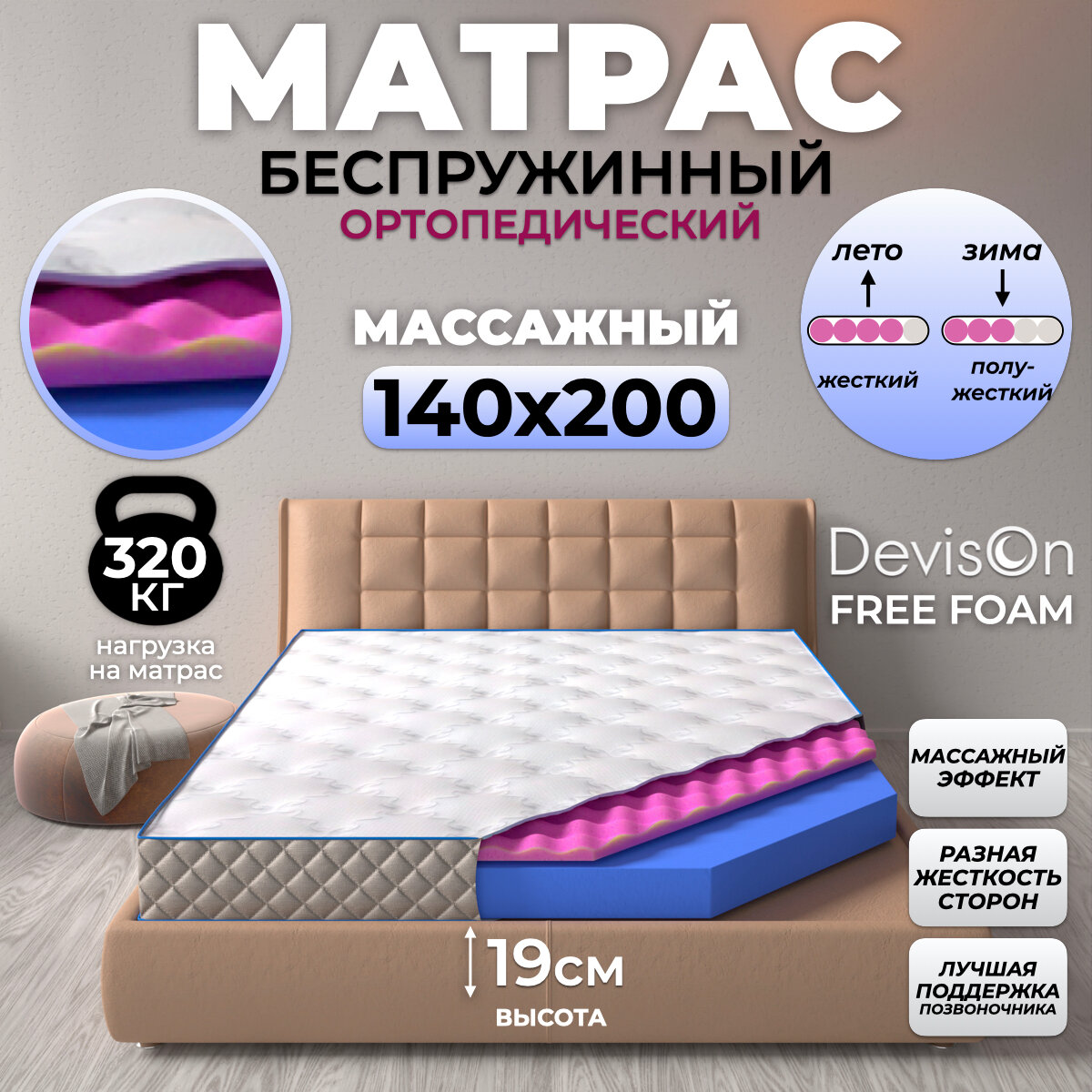 Матрас 140х200 беспружинный ортопедический Devison Free Foam
