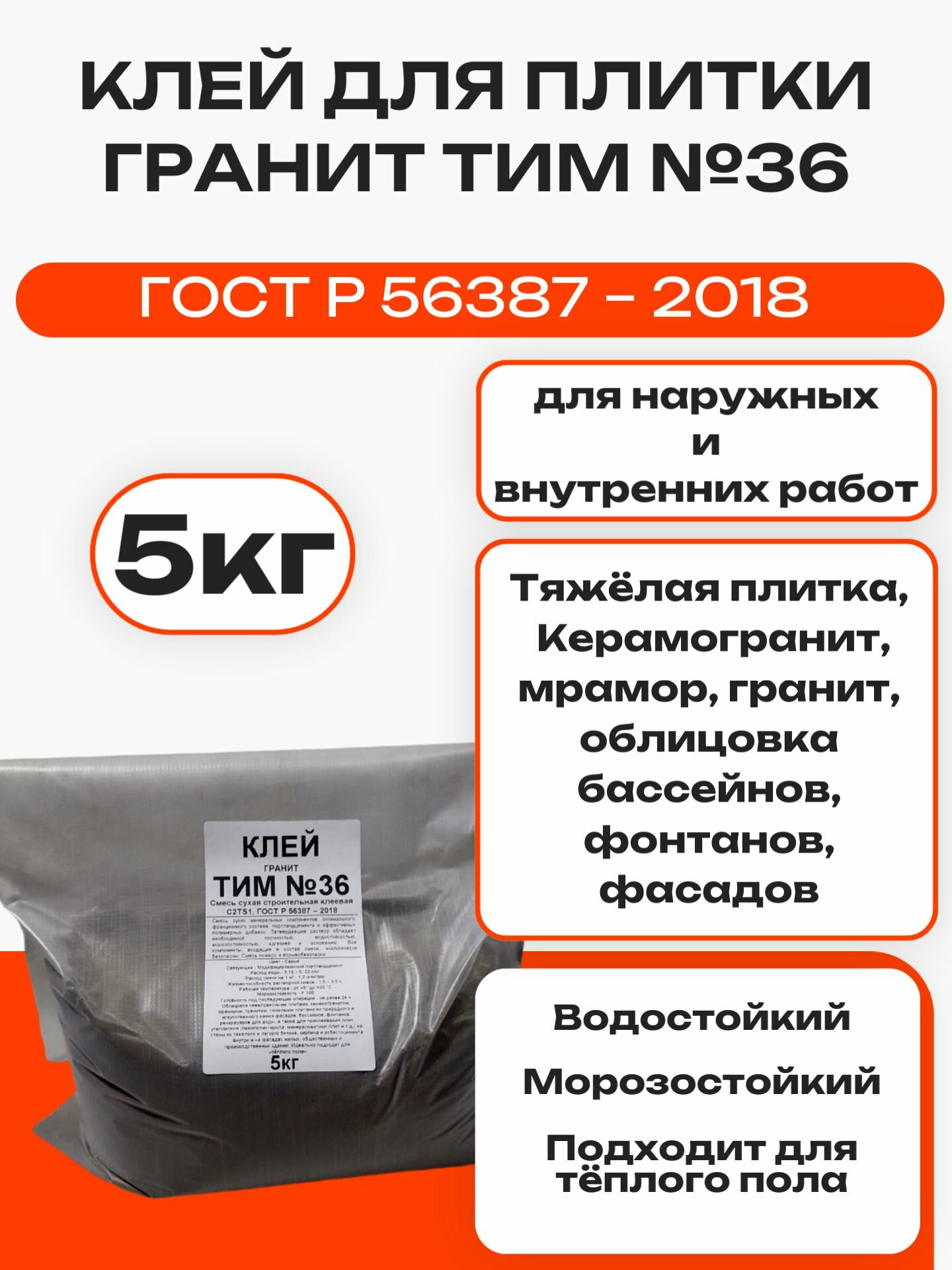 Клей для плитки ТИМ 36 гранит 5кг