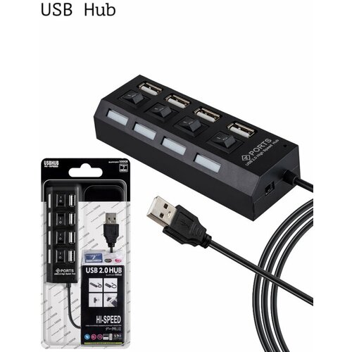 Юзб хаб USB Hub концентратор USB 2.0 на 4 порта разветвитель с выключателями для периферийных устройств универсальный переходник удлинитель черный
