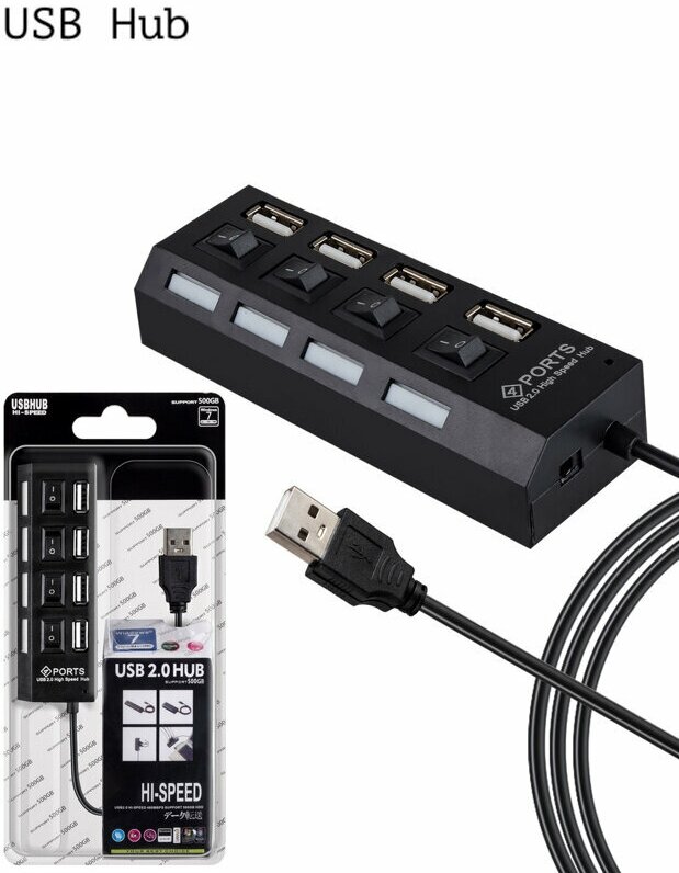 Юзб хаб USB Hub концентратор USB 2.0 на 4 порта разветвитель с выключателями для периферийных устройств универсальный переходник удлинитель черный