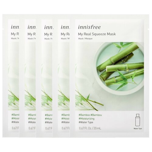 INNISFREE Набор увлажняющих тканевых масок с экстрактом бамбука My Real Squeeze Mask Bamboo 5 шт.