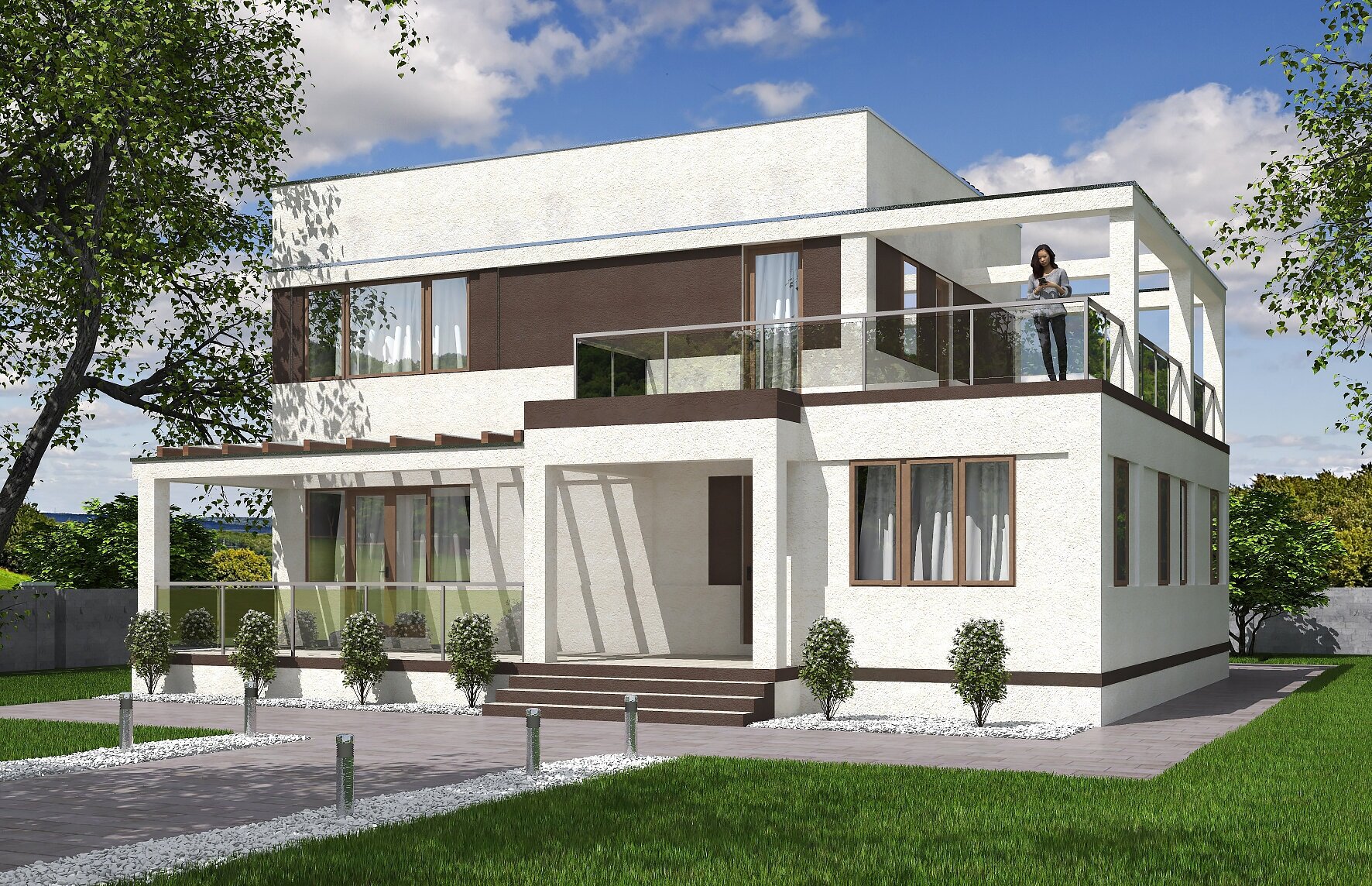 Проект двухэтажного жилого дома с террасами (157 м2, 11м x 13м) Rg5264