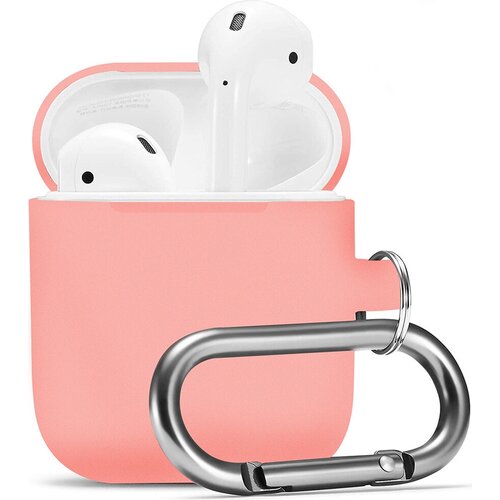 Силиконовый чехол на беспроводные наушники Apple AirPods 1 и 2 с карабином / Противоударный чехол для кейса на Эпл Аирподс 1 и 2 / Розовый