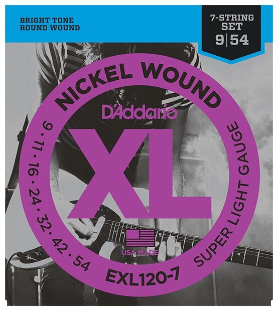 D'Addario EXL120-7 XL NICKEL WOUND Струны для 7-струнной электрогитары Super Light 7-String 9-52 D`Addario