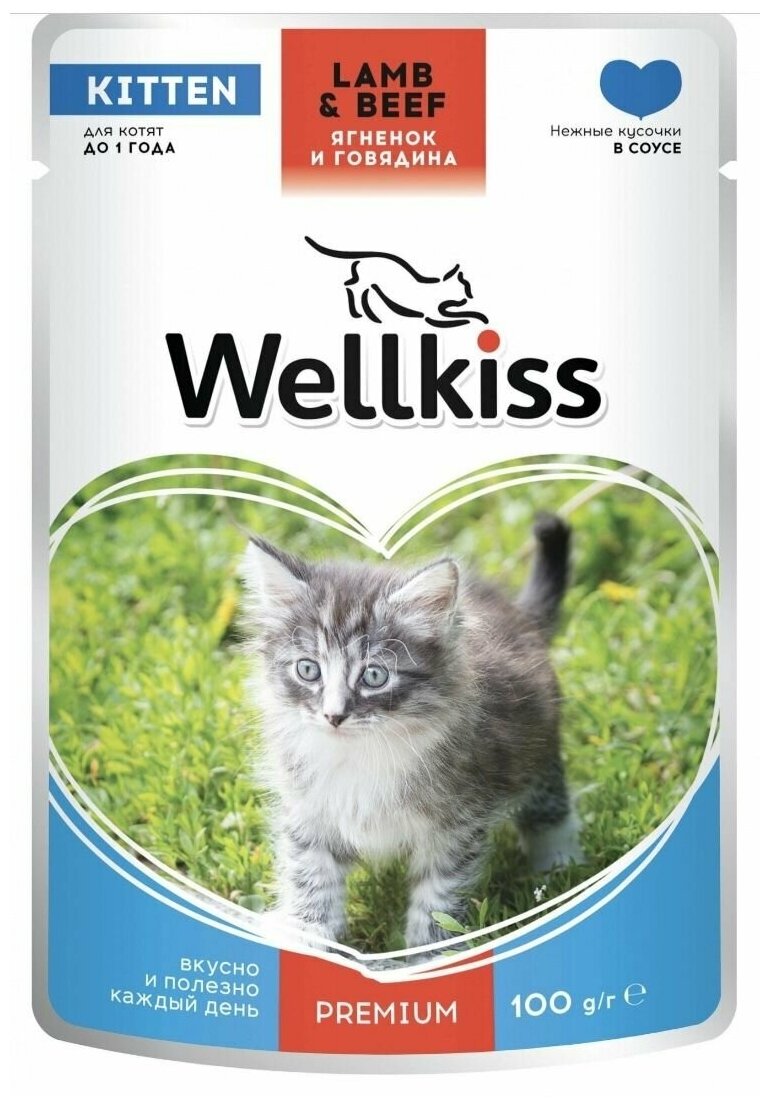 Wellkiss Kitten влажный корм для котят, с ягненком и говядиной в соусе, 100 г, 14 шт