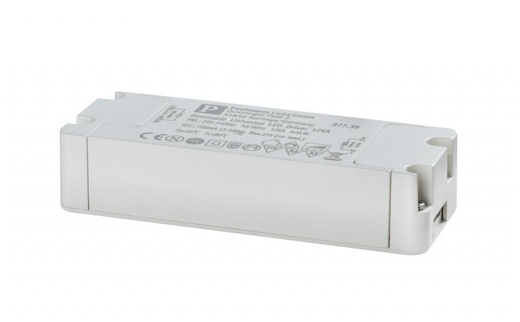 Трансформатор Paulmann LED Driver Для светодиодных светильников 700mA постоянного тока макс.12Вт 230В 24x41x119мм Белый Димм 97739.