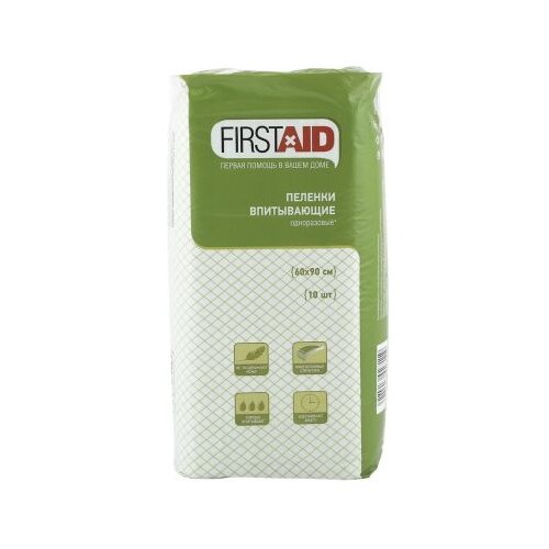 Пеленки FirstAid впитывающие, 60 х 90 см, 3 капель, 10 шт.