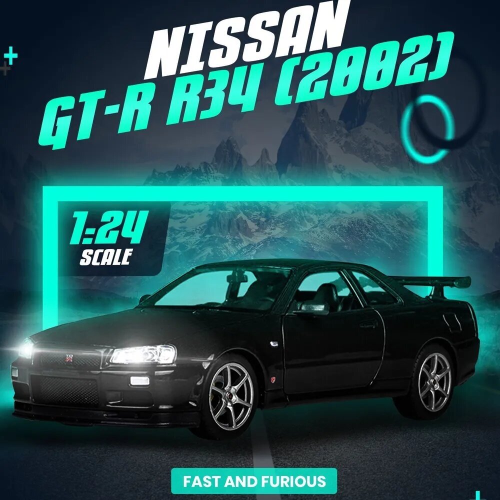 Металлическая модель машины Nissan GT-R (R-34) / Масштабная модель автомобиля 1/24 Black