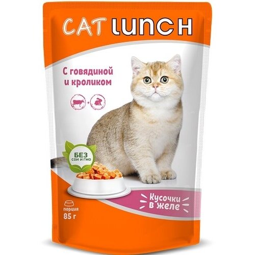 #(У)Кэт Ланч пауч д/кошек кусочки в желе Говядина и Кролик 85г cat lunch пауч для кошек кусочки в желе индейка и кролик 85г