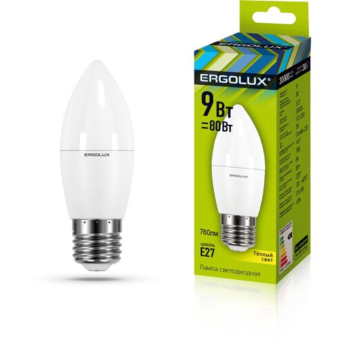 (Эл. лампа светодиодная Свеча 9Вт E27 3000K 172-265В), ERGOLUX LED-C35-9W-E27-3K (12 шт.)