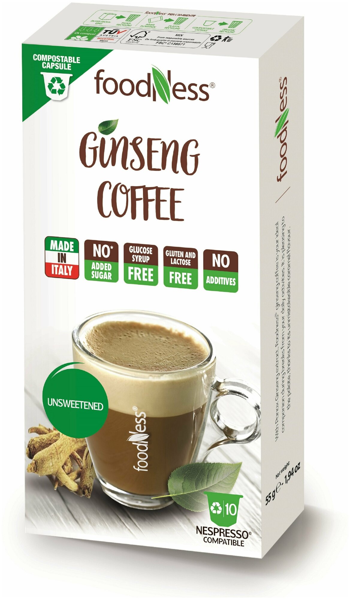 Велнес-напиток FOODNESS Ginseng Coffee "Кофе с женьшенем без Подсластителей" в капсулах Nespresso 10шт.