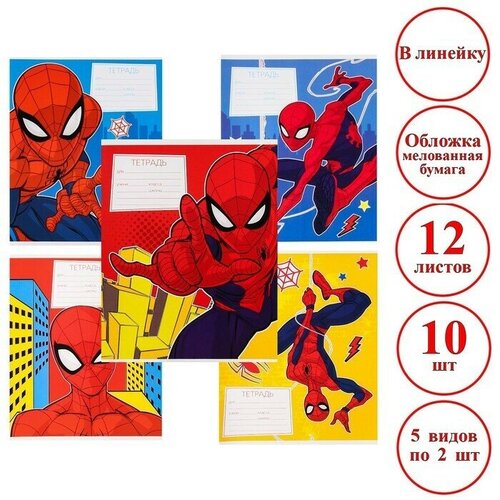 Комплект тетрадей из 10 шт Человек-паук, 12 листов, в линейку, обложка бумага