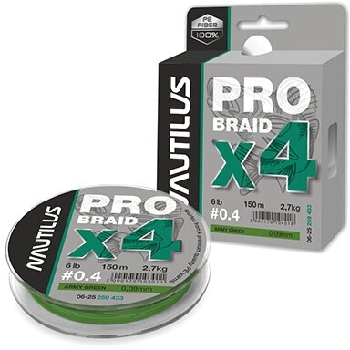 Шнур Nautilus Pro Braid X4 Army Green d-0.09 2.7кг 6lb 150м