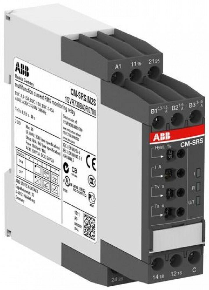 ABB Однофазное реле контроля тока CM-SRS. M1S многофункц. (диапаз. изм. 3- 30мА, 10-100мA, 0.1-1A) питание 24-240В AC/DC, 1ПК, винт. клеммы 1SVR730840R0600