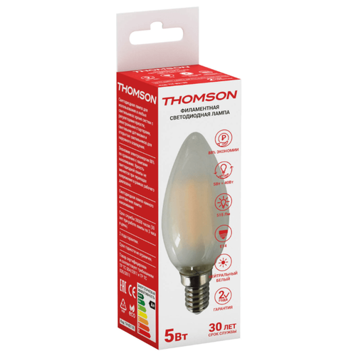 фото Лампа светодиодная hiper thomson led filament candle 5w 515lm e14 4500k frosted brand