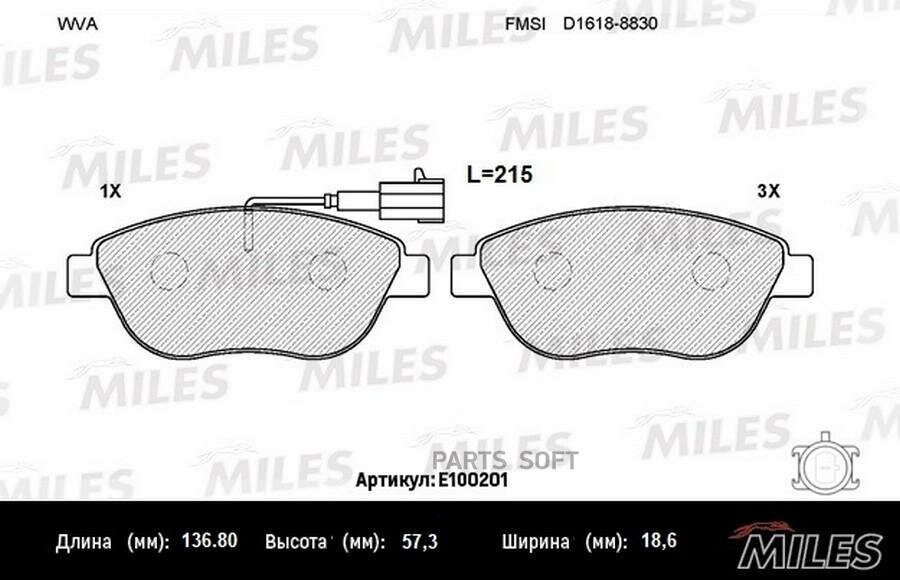 MILES E100201 Колодки тормозные передние (с датчиком + болты) (Смесь Semi-Metallic) (OPEL CORSA D 1.3CDTI (8/08-)) (TRW GDB1701) E100201