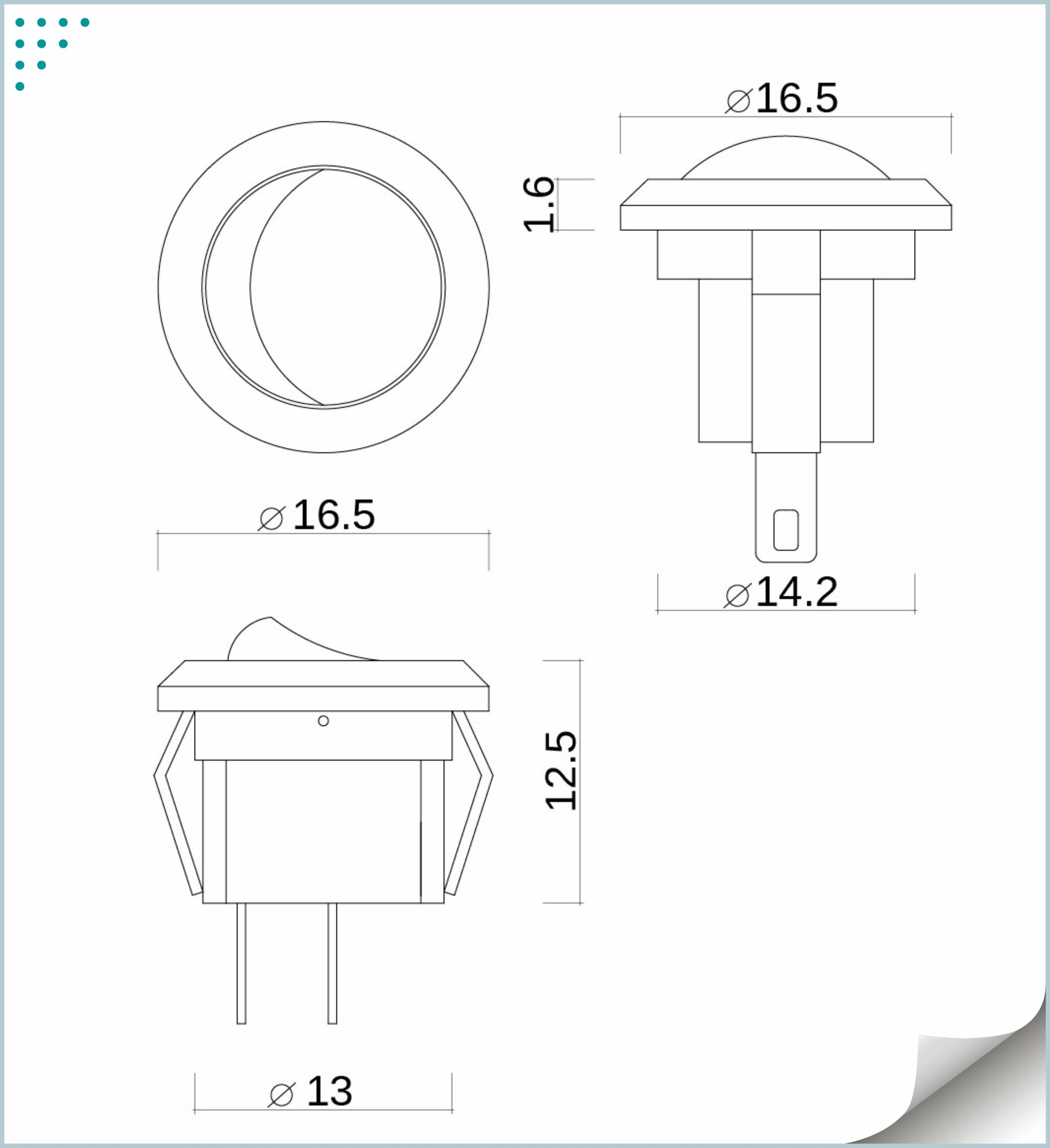 Выключатель одноклавишный, мебельный, круглый врезной минивыключатель D16.5, GLS, 250V, белый