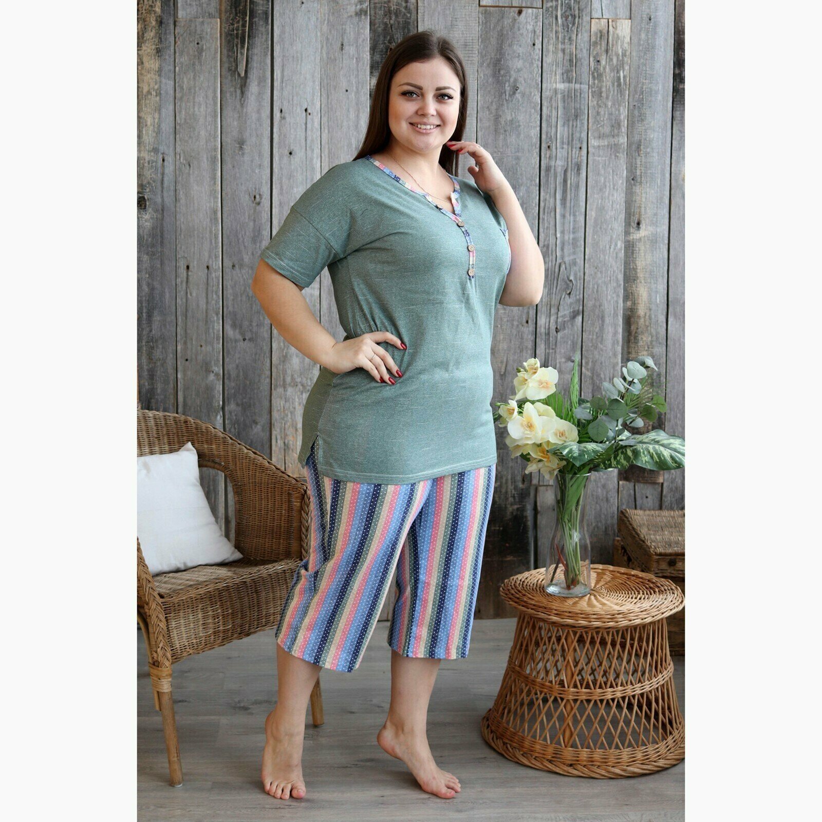 Комплект женский домашний (футболка/бриджи), цвет олива, размер 48 - фотография № 10