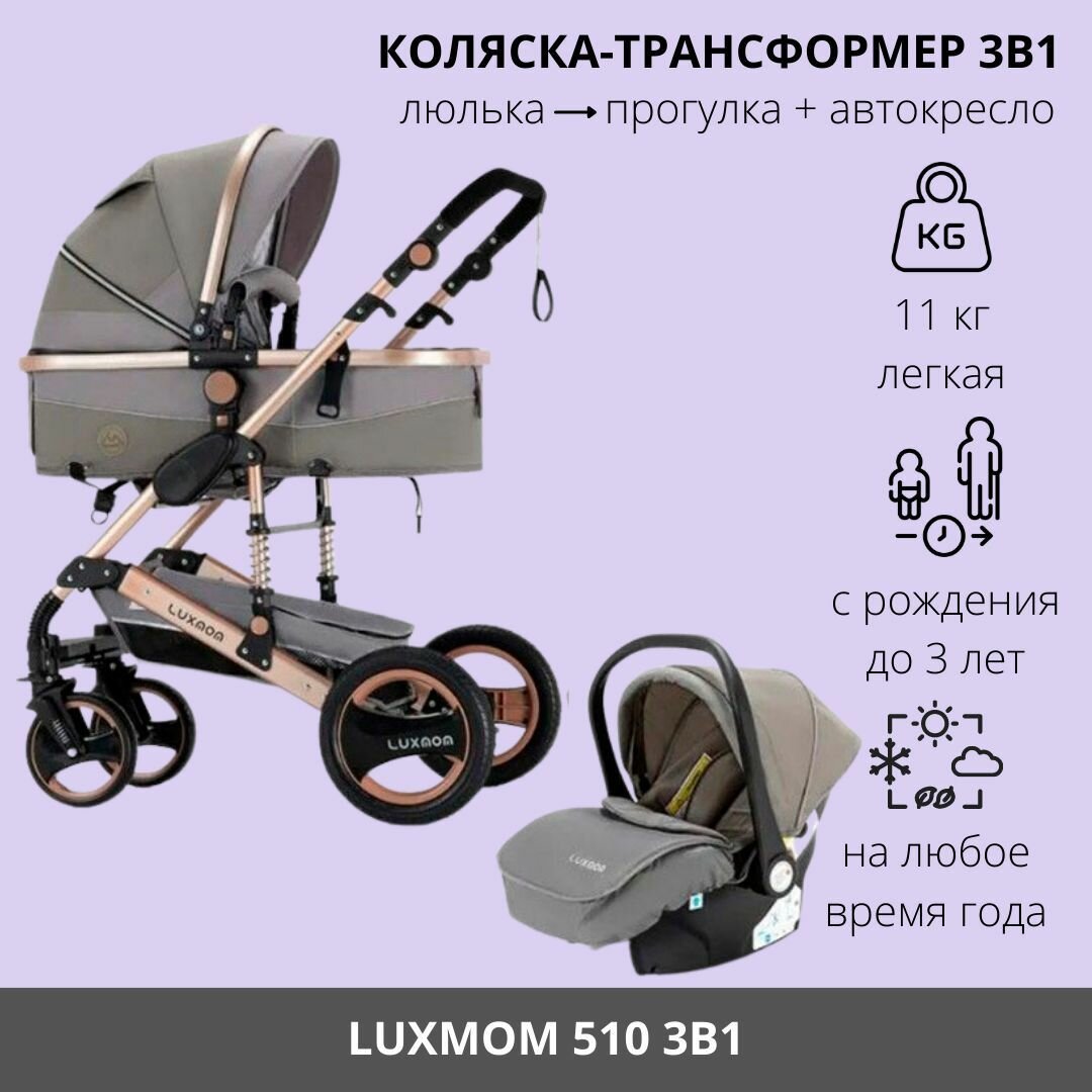 Детская коляска-трансформер 3 в 1 Luxmom 510, серо-бежевый