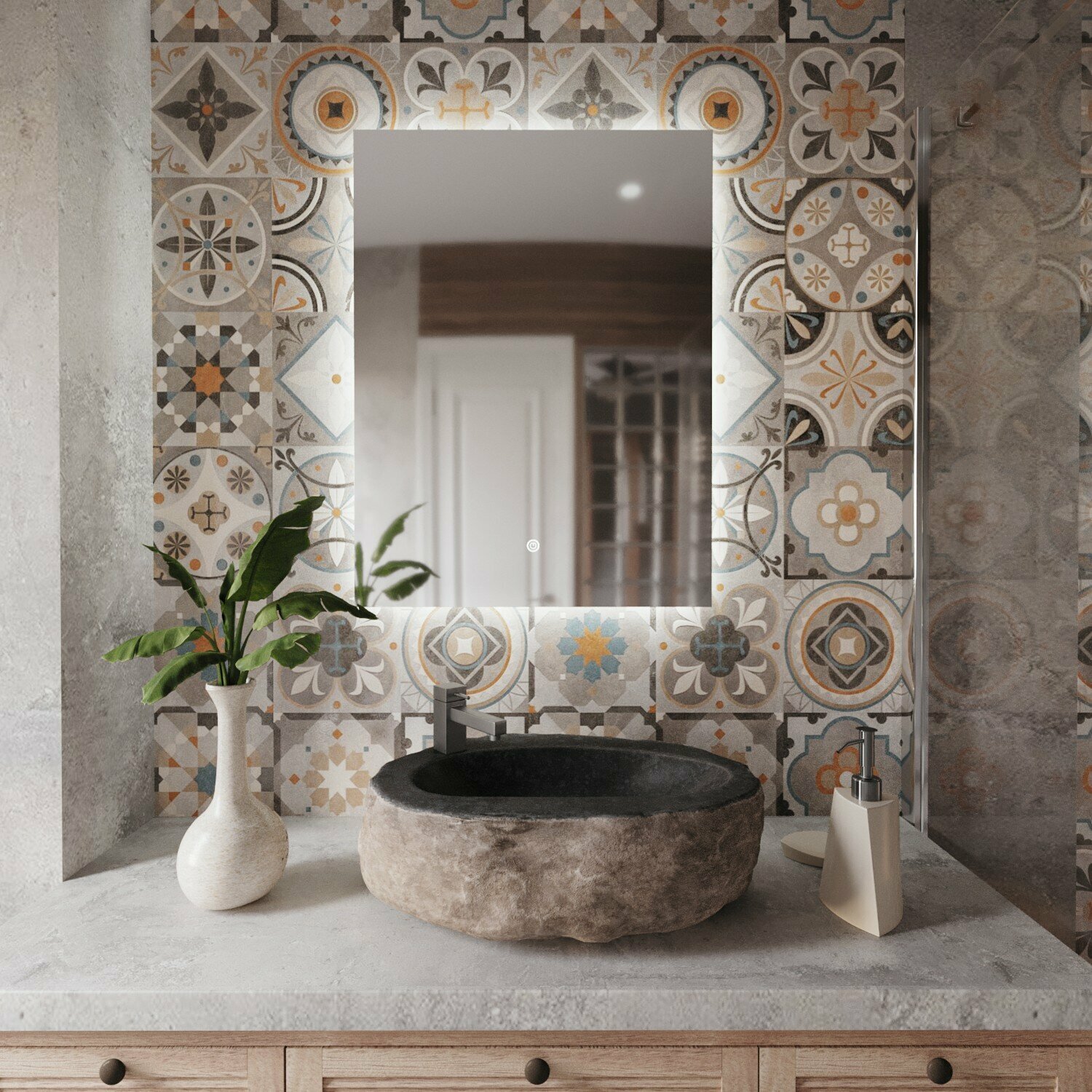 фото LED Зеркало с подсветкой в ванную и прихожую ALONE QUADRATO гримерное зеркало на стену с сенсорной регулировкой интенсивности подсветки