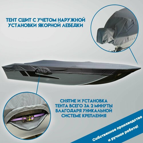 стояночный тент на пвх лодку 350 370 см для сезонного хранения серый tent fishing для лодки длиной 350 355 360 365 370 шириной до 180 см Тент для лодки SWIMMER 370 + наружная установка якорной лебедки