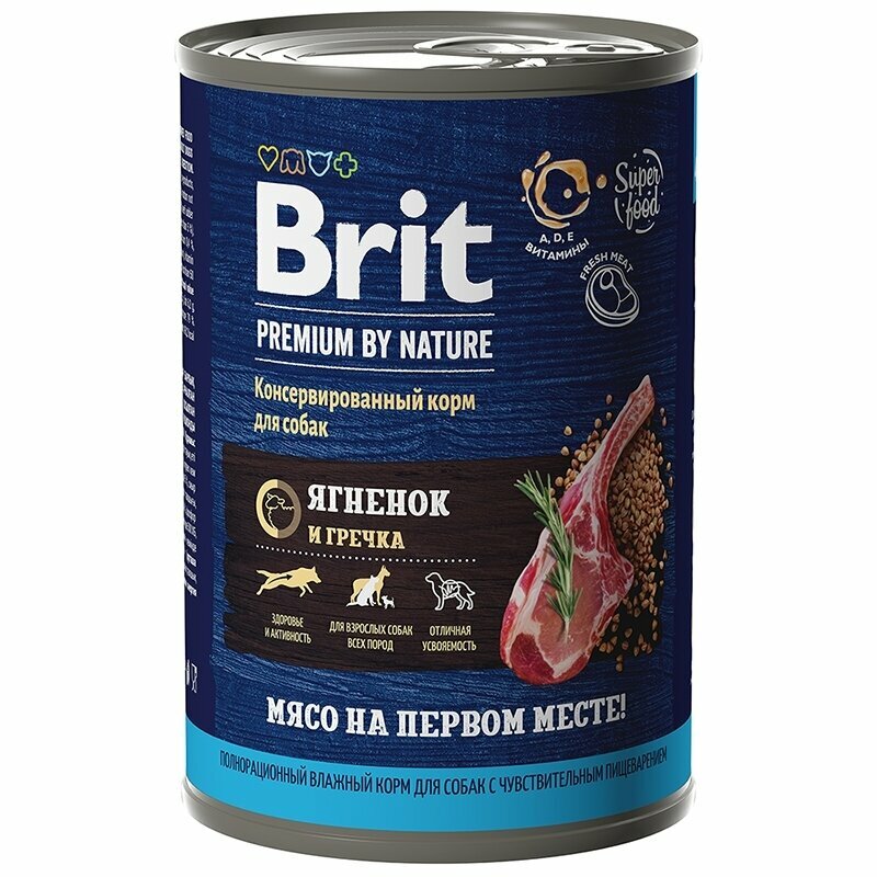 Brit Premium by Nature Корм консервированный с ягненком и гречкой для взрослых собак всех пород с чувствительным пищеварением 410гр 6 штук