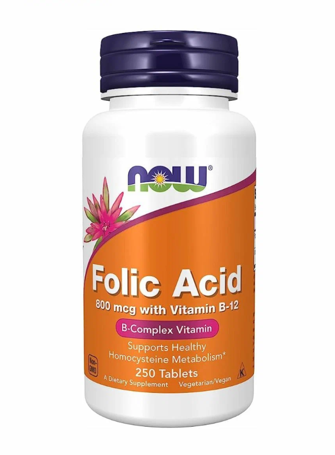 NOW Folic Acid 800мкг 250 таблеток "Нау фолиевая кислота и витамин б12"