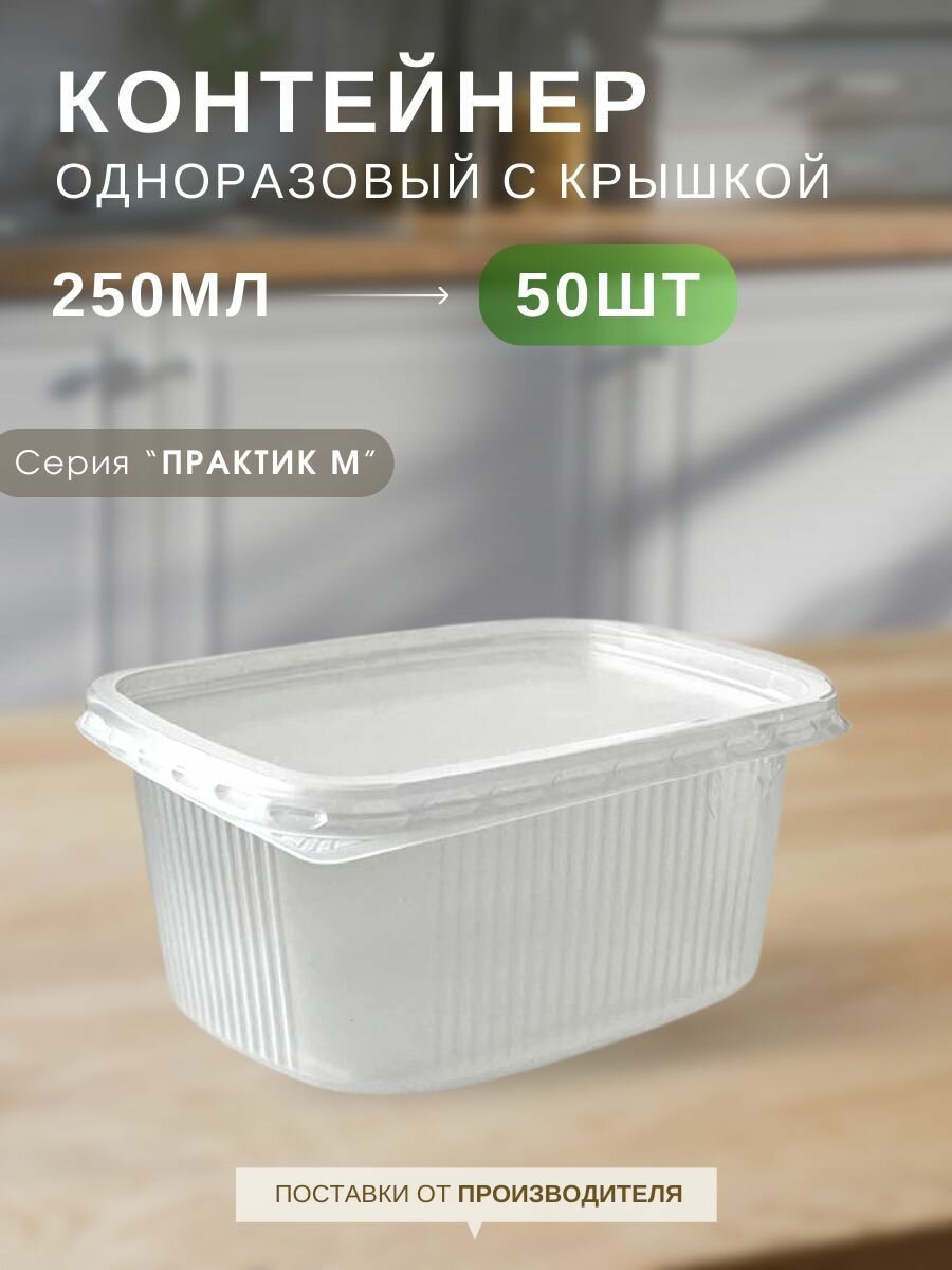 Контейнеры одноразовые пластиковые пищевые с крышкой прозрачные 250 мл, набор контейнеров 50 шт, "Каштан Практик М"