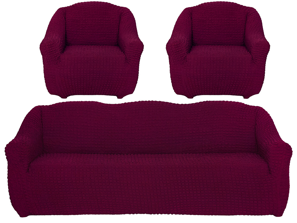 Чехол на диван трехместный и кресла без оборки, цвет Бордовый