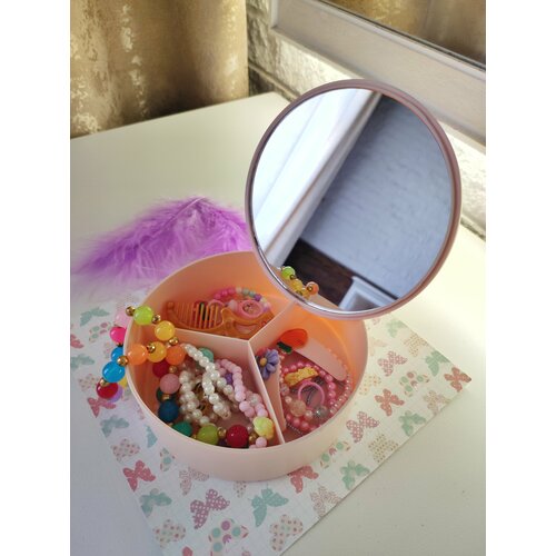 Шкатулка для бижутерии творчества косметическая с зеркалом круглая, розовая, B41p Ihome