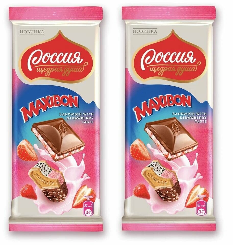 Шоколад молочный, "Россия - Щедрая душа! Maxibon", "Sandwich with Strawberry Taste", с двухслойной начинкой со вкусом клубники и печеньем, 80г 2 шт