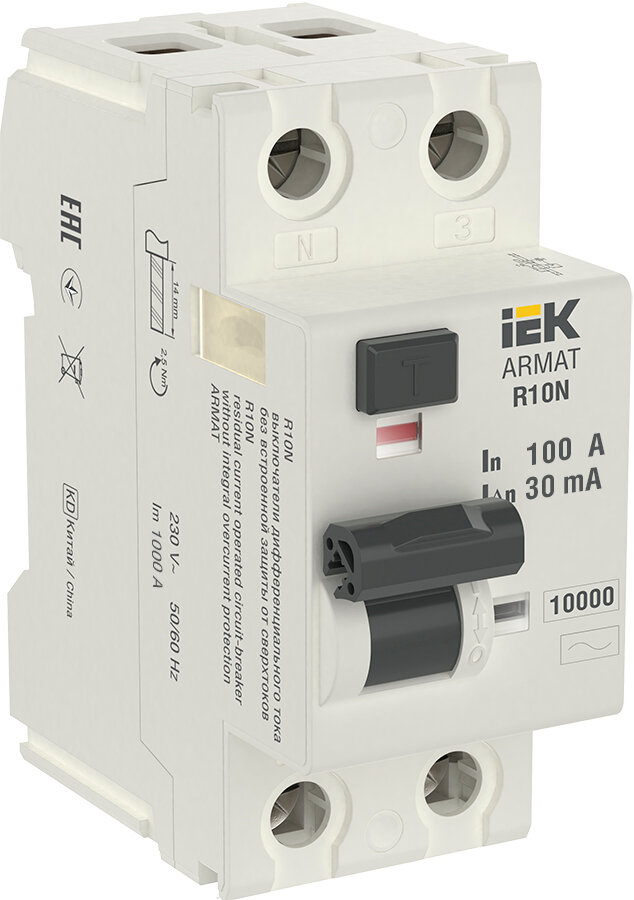 Выключатель дифференциального тока IEK ARMAT R10N 2P 100А 30мА тип AC AR-R10N-2-100C030