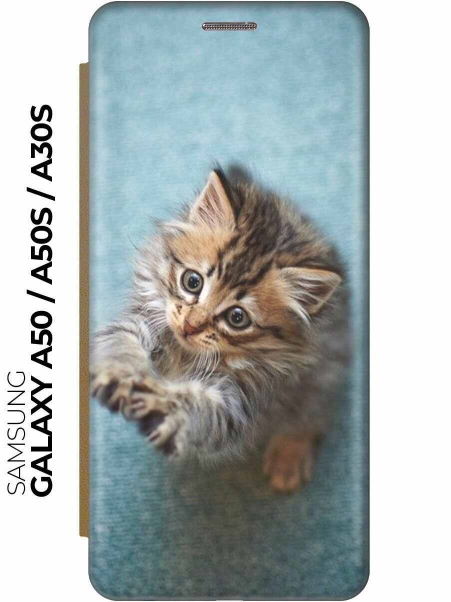 Чехол-книжка Котёнок на голубом на Samsung Galaxy A50 / A50s / A30s / Самсунг А50 / А30с / А50с золотой