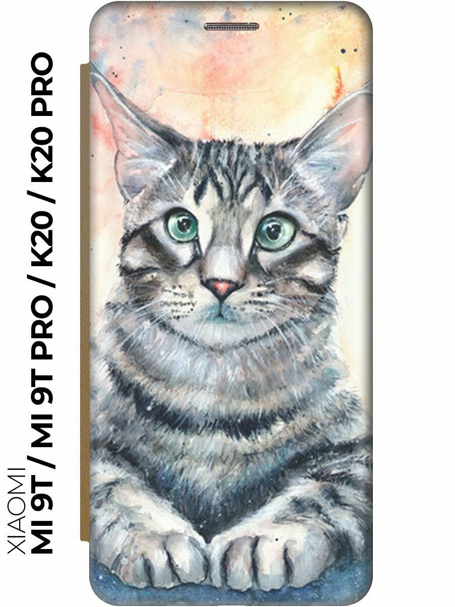 Чехол-книжка Ушастый котик на Xiaomi Mi 9T / Mi 9T Pro / K20 / K20 Pro / Сяоми Ми 9Т / Ми 9Т Про золотой