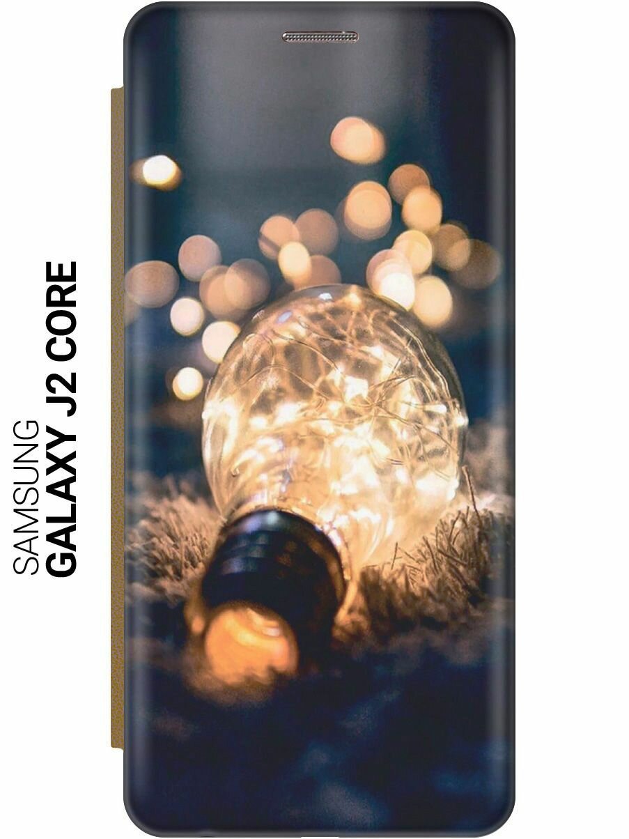 Чехол-книжка на Samsung Galaxy J2 Core / Самсунг Джей 2 Кор c принтом "Гирлянда в лампочке" золотистый