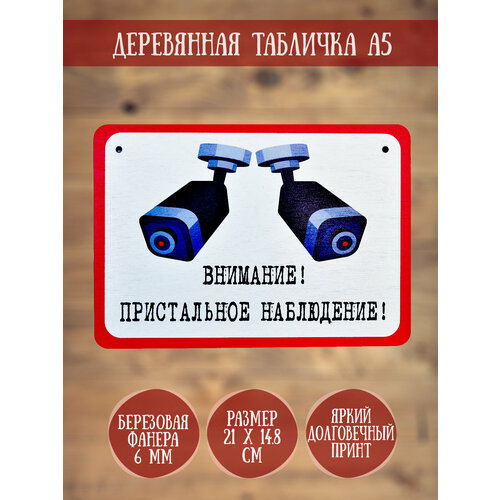 Табличка декоративная RiForm "Внимание! Пристальное наблюдение!", формат А5 (21 х 14.8 см), березовая фанера 6 мм