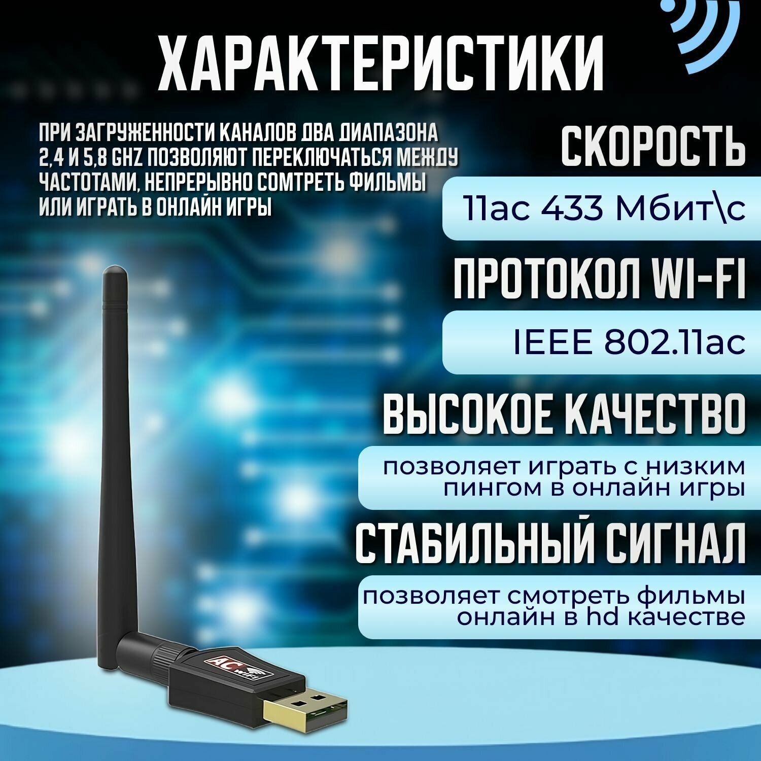 Wi-Fi адаптер 24/5 ГГц USB двухдиапазонный с антенной 600Мбит/c