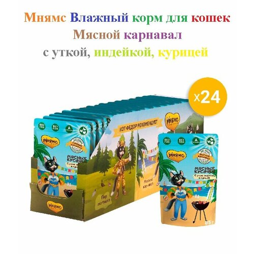 Влажный корм для взрослых кошек Мнямс Мясной карнавал 85г*24шт Мясные кусочки с уткой, индейкой, курицей