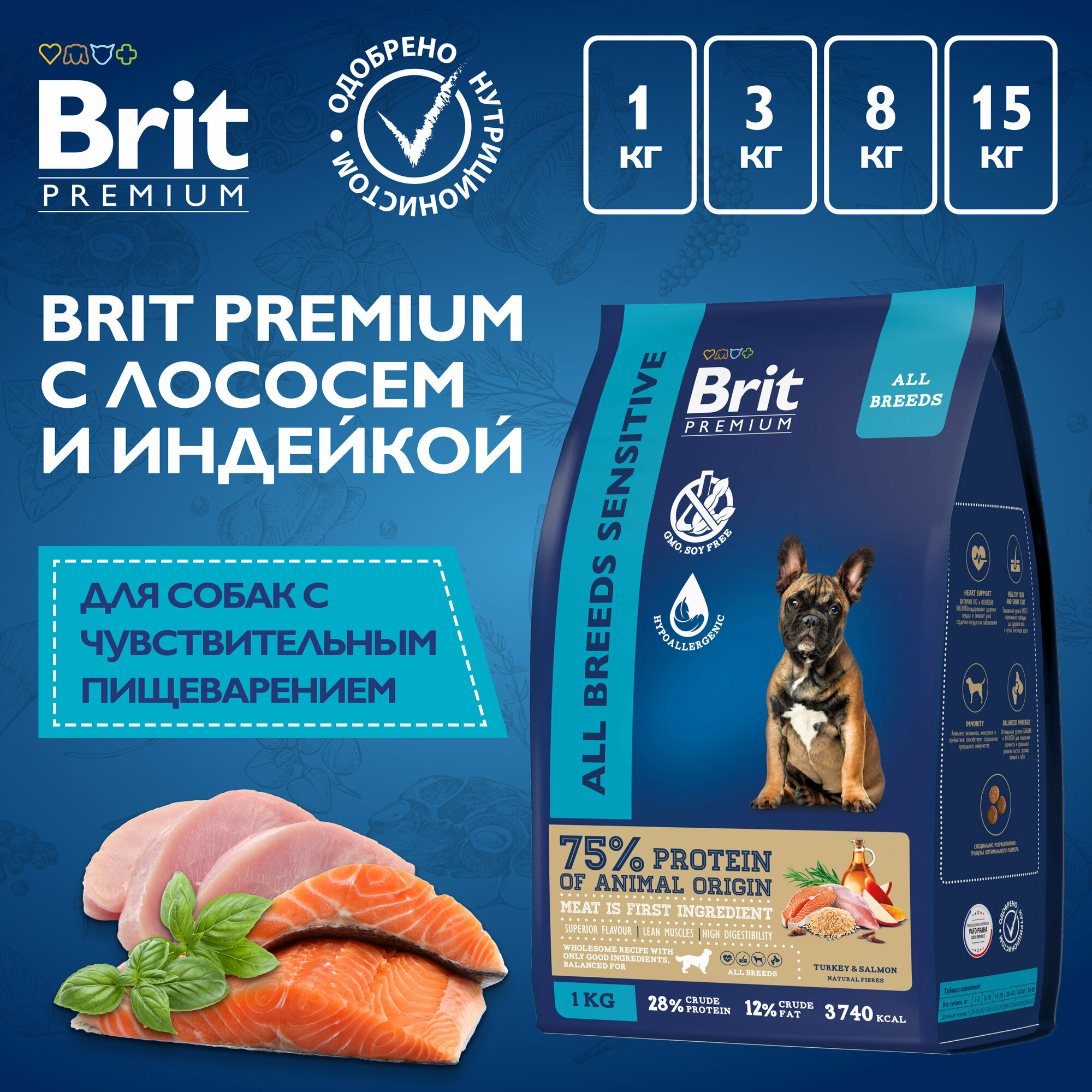 Корм Brit Premium Dog Sensitive для всех собак для чувствительного пищеварения с индейкой и лосось 8 кг - фотография № 5