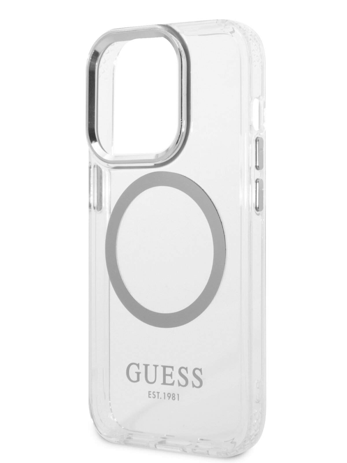 Guess для iPhone 15 Pro Max чехол PC/TPU Metal outline Hard Transparent/Silver (MagSafe)