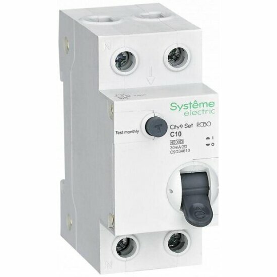 Дифференциальный автомат Systeme Electric (schneider Electric) 2п (1P+N) C 10А 30мА тип AC 4.5кА City9 Set 230В C9D34610