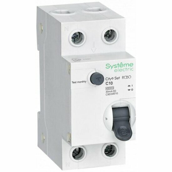 Дифференциальный автомат Systeme Electric (schneider Electric) 2п (1P+N) C 10А 30мА тип AC 4.5кА City9 Set, 230В, C9D34610