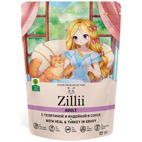Корм влажный Zillii Adult Cat Veal/Turkey для кошек Телятина/Индейка в соусе, 12шт х85 г