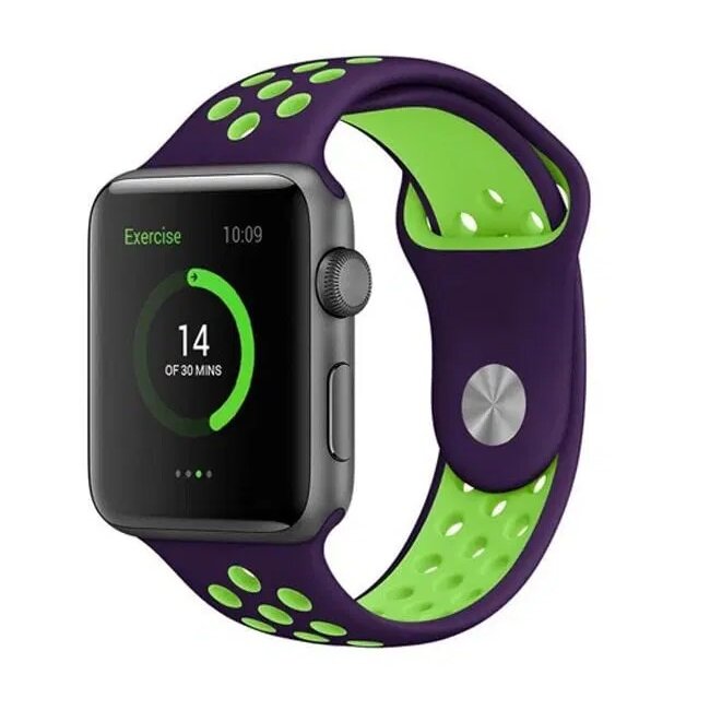 Ремешок Sport Band для Apple Watch (42/44/45/49) Series 1-8, SE, Ultra, фиолетовый с зеленым