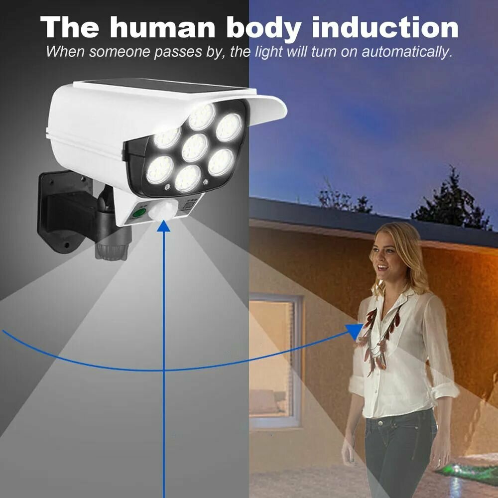 Уличный фонарь-прожектор / камера / датчик движения / солнечная батарея / имитатор камера на солнечных батареях 4 LED / светильник садовый / лето 2023