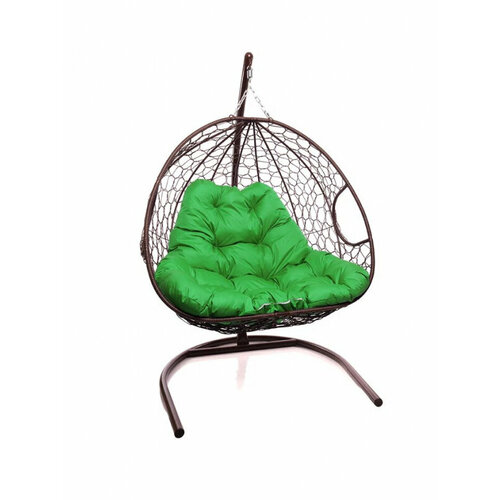 Подвесное кресло кокон двухместное M-GROUP для двоих с ротангом коричневое+зелёная подушка